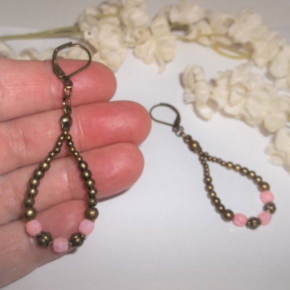 Hoops Boho Style Earrings Bronze and Pink Teardrop Dangle Drop Jewelry Gift 7019 - Picture 7 of 9